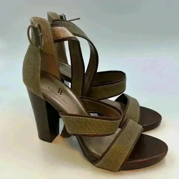 Worthington Shoes - Worthington 4” chunky heel, open toe, size 9 olive/brown with ankle buck…